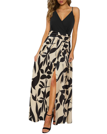 Kerensa Women's Maxi Robe – V-Neck, Open Back, Floral Print & Flowing Split Cut Summer Dress