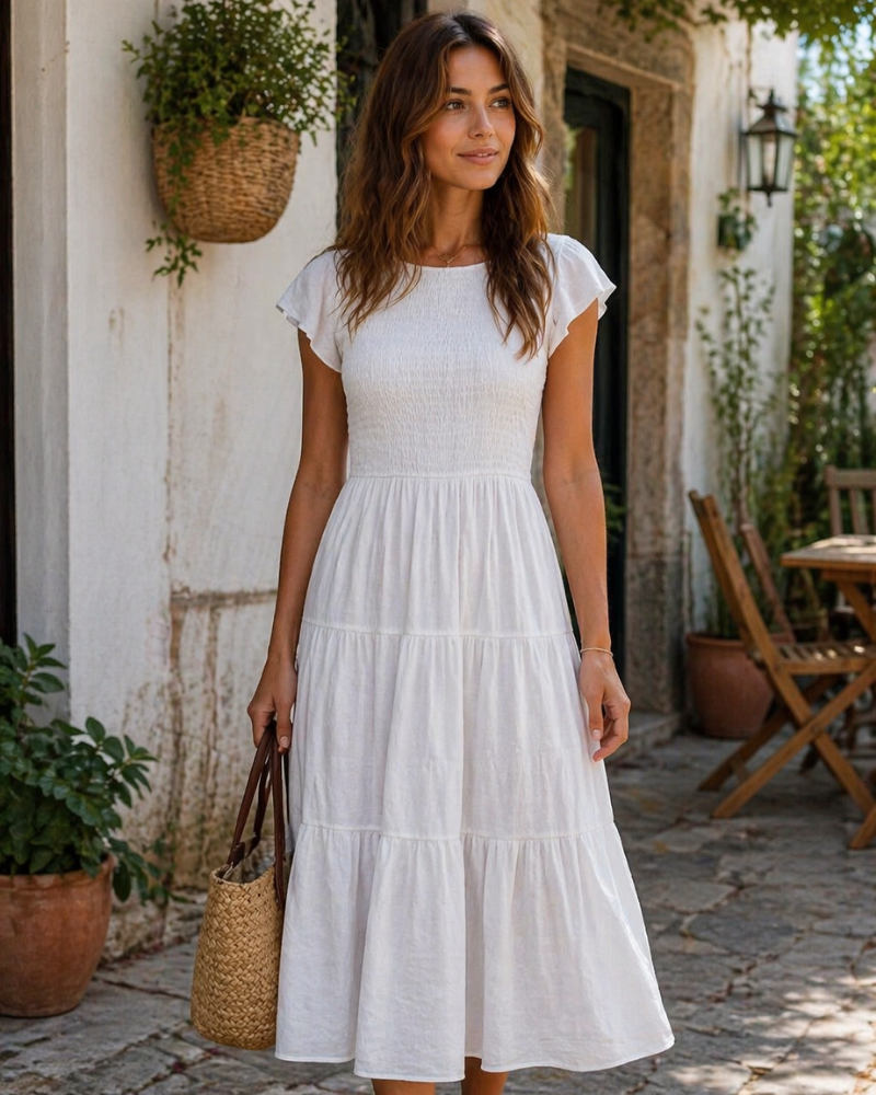 Lior Women's Dress – Round Neck, Ruffled Sleeves & Elastic Waist A-Line Midi Length