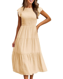 Lior Women's Dress – Round Neck, Ruffled Sleeves & Elastic Waist A-Line Midi Length