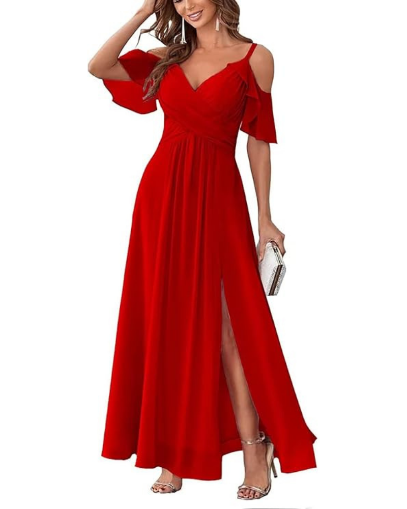 Georgia Long Women's Robe – Chiffon Off-Shoulder, V-Neck & Elegant A-Line Cut