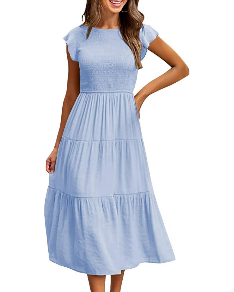 Lior Women's Dress – Round Neck, Ruffled Sleeves & Elastic Waist A-Line Midi Length