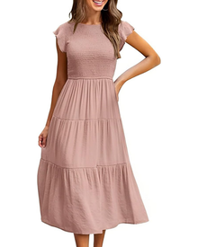 Lior Women's Dress – Round Neck, Ruffled Sleeves & Elastic Waist A-Line Midi Length