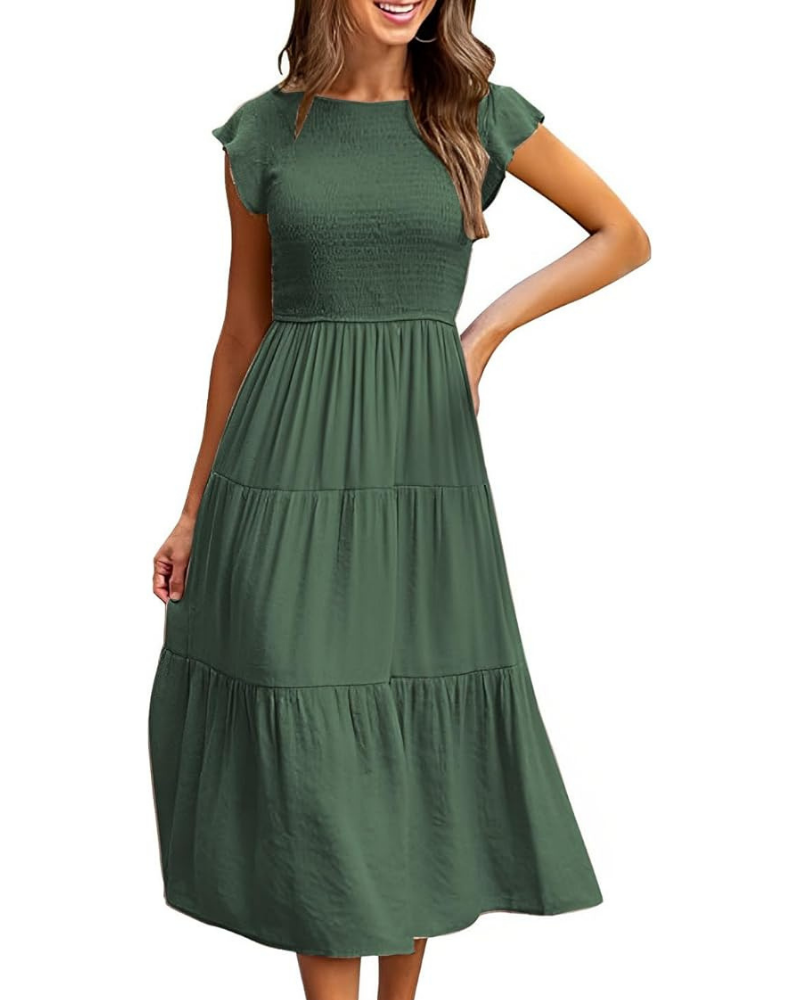 Lior Women's Dress – Round Neck, Ruffled Sleeves & Elastic Waist A-Line Midi Length