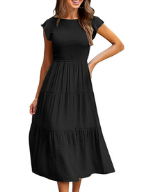 Lior Women's Dress – Round Neck, Ruffled Sleeves & Elastic Waist A-Line Midi Length