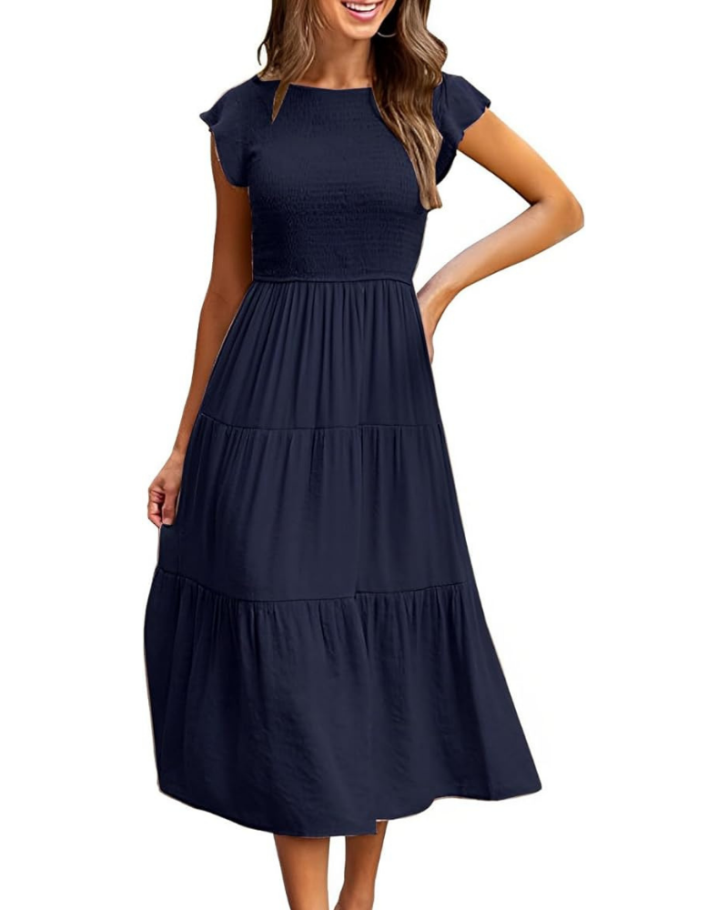 Lior Women's Dress – Round Neck, Ruffled Sleeves & Elastic Waist A-Line Midi Length