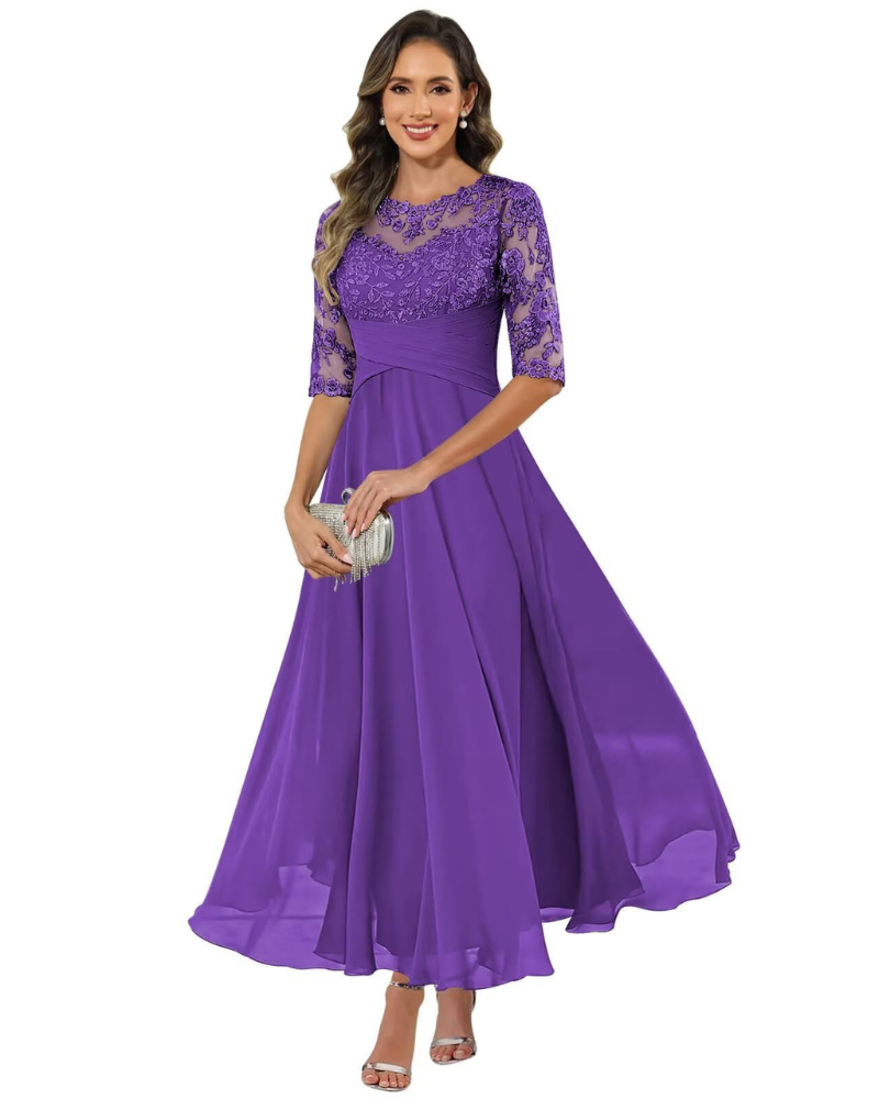 Olanthe Women's Evening Dress – Lace & Chiffon, 3/4 Sleeves & Elegant A-Line Cut