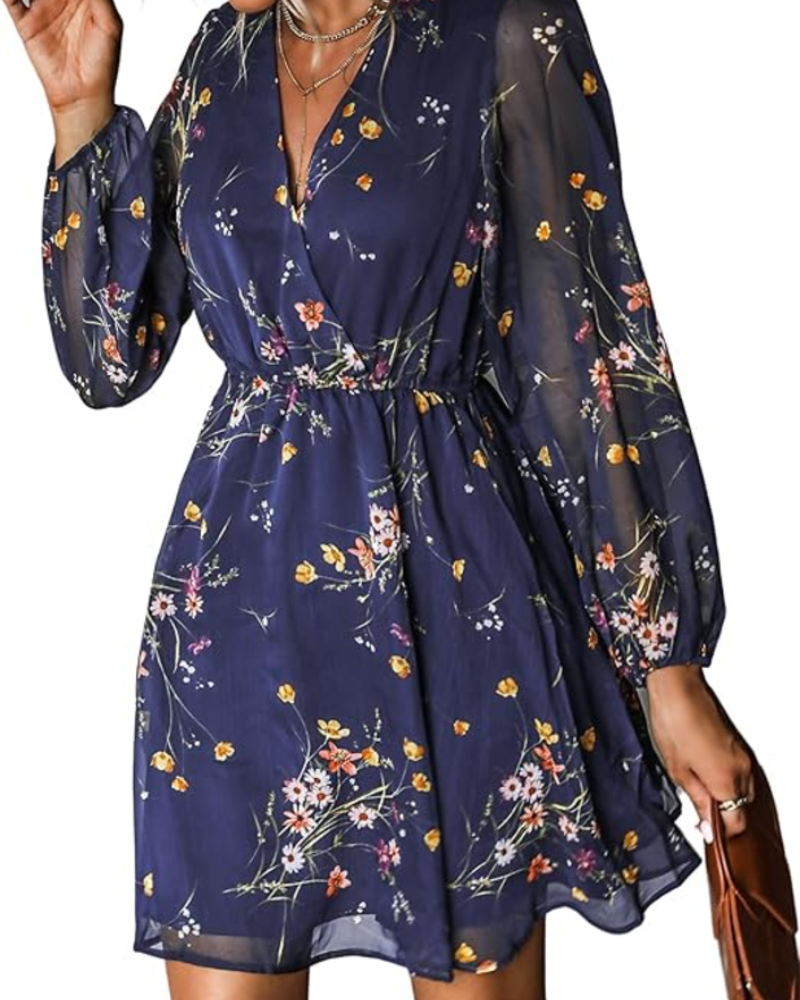 Zaya Women's Robe – Mini Wrap, V-Neck & Elegant Long Floral Print Sleeves
