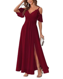 Georgia Long Women's Robe – Chiffon Off-Shoulder, V-Neck & Elegant A-Line Cut