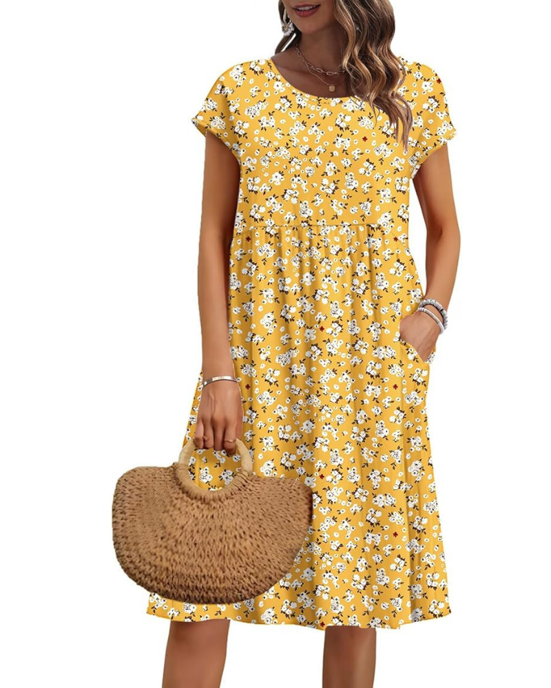 Elowen Women's Dress – V-Neck, High Waist & Pockets, Pleated Cut, Knee Length, Summer
