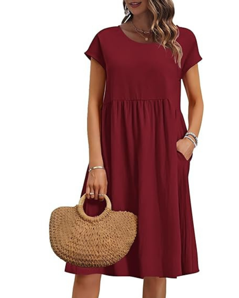Elowen Women's Dress – V-Neck, High Waist & Pockets, Pleated Cut, Knee Length, Summer