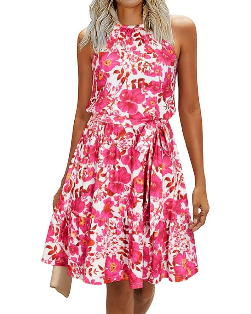 Bloom Women's Robe – Halter Neck, Floral Print & Pockets, A-Line Cut, Knee Length