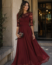 Olanthe Women's Evening Dress – Lace & Chiffon, 3/4 Sleeves & Elegant A-Line Cut