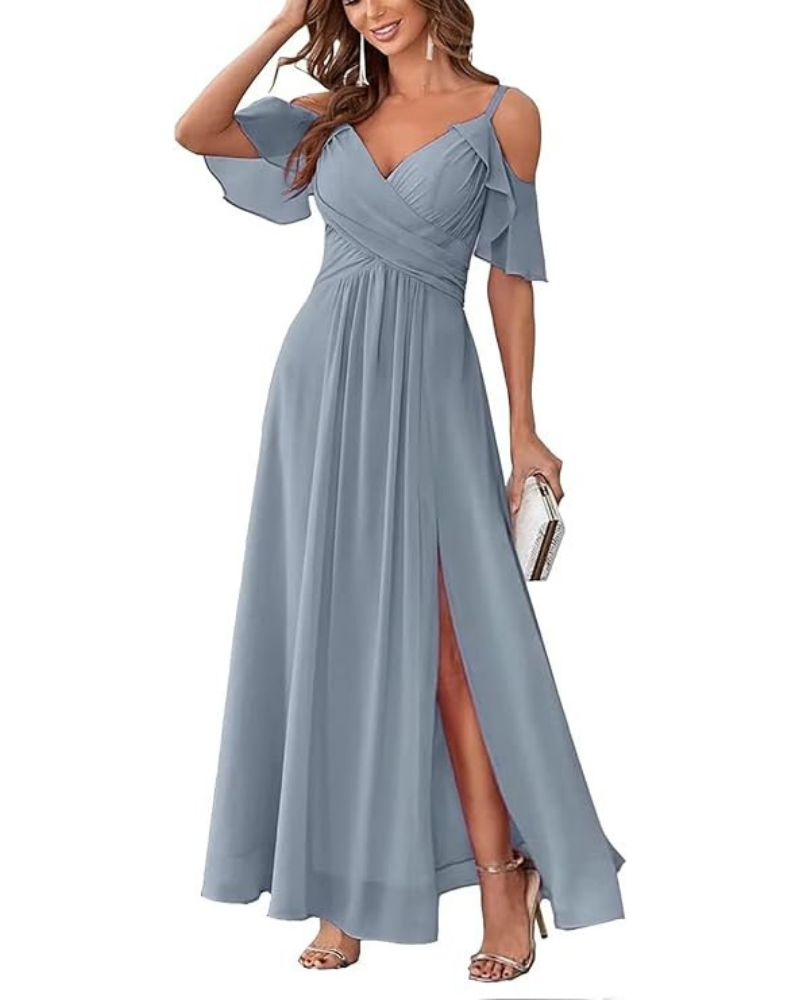 Georgia Long Women's Robe – Chiffon Off-Shoulder, V-Neck & Elegant A-Line Cut