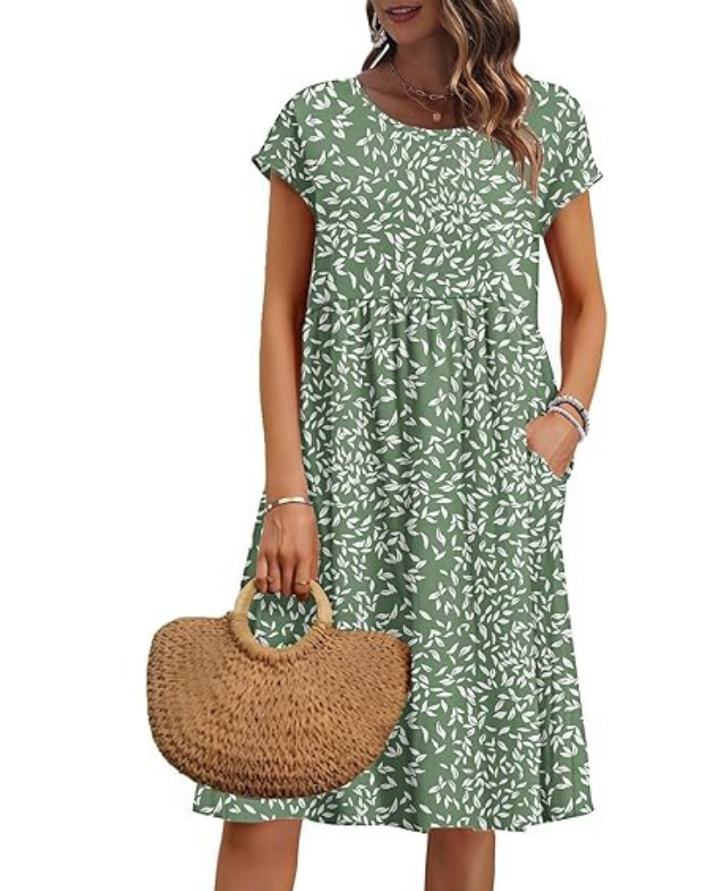 Elowen Women's Dress – V-Neck, High Waist & Pockets, Pleated Cut, Knee Length, Summer