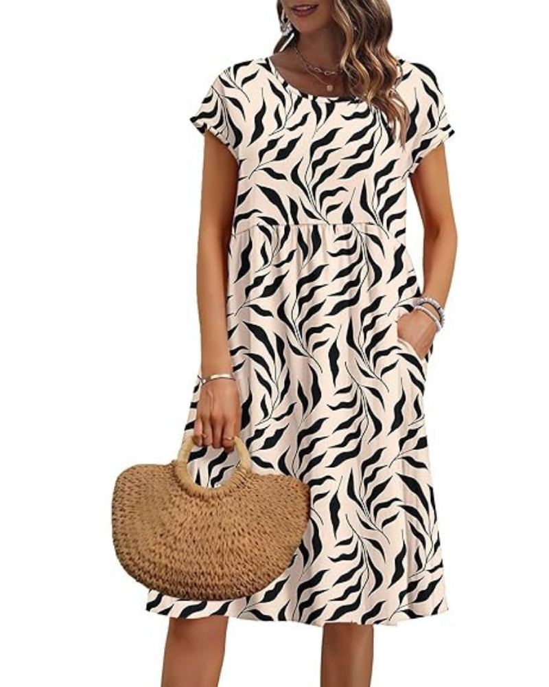 Elowen Women's Dress – V-Neck, High Waist & Pockets, Pleated Cut, Knee Length, Summer