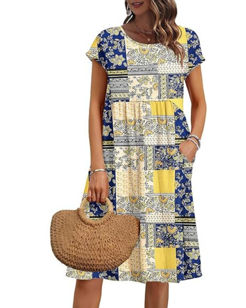 Elowen Women's Dress – V-Neck, High Waist & Pockets, Pleated Cut, Knee Length, Summer