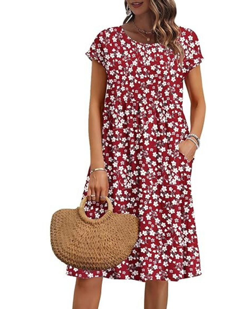Elowen Women's Dress – V-Neck, High Waist & Pockets, Pleated Cut, Knee Length, Summer