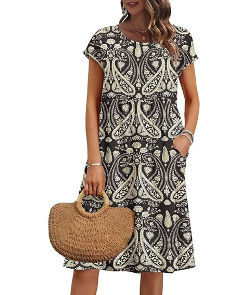 Elowen Women's Dress – V-Neck, High Waist & Pockets, Pleated Cut, Knee Length, Summer