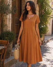Seren Women's Robe – Cotton, Round Neck & Loose Fit with Pockets Knee-Length Summer