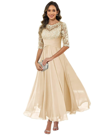 Olanthe Women's Evening Dress – Lace & Chiffon, 3/4 Sleeves & Elegant A-Line Cut