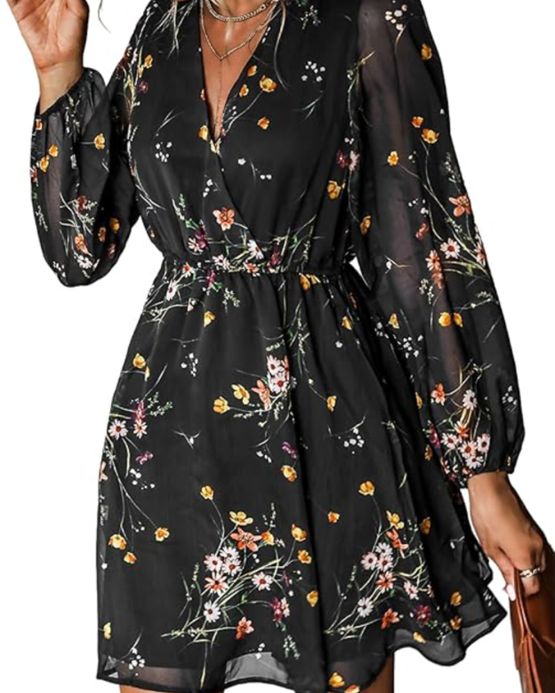 Zaya Women's Robe – Mini Wrap, V-Neck & Elegant Long Floral Print Sleeves