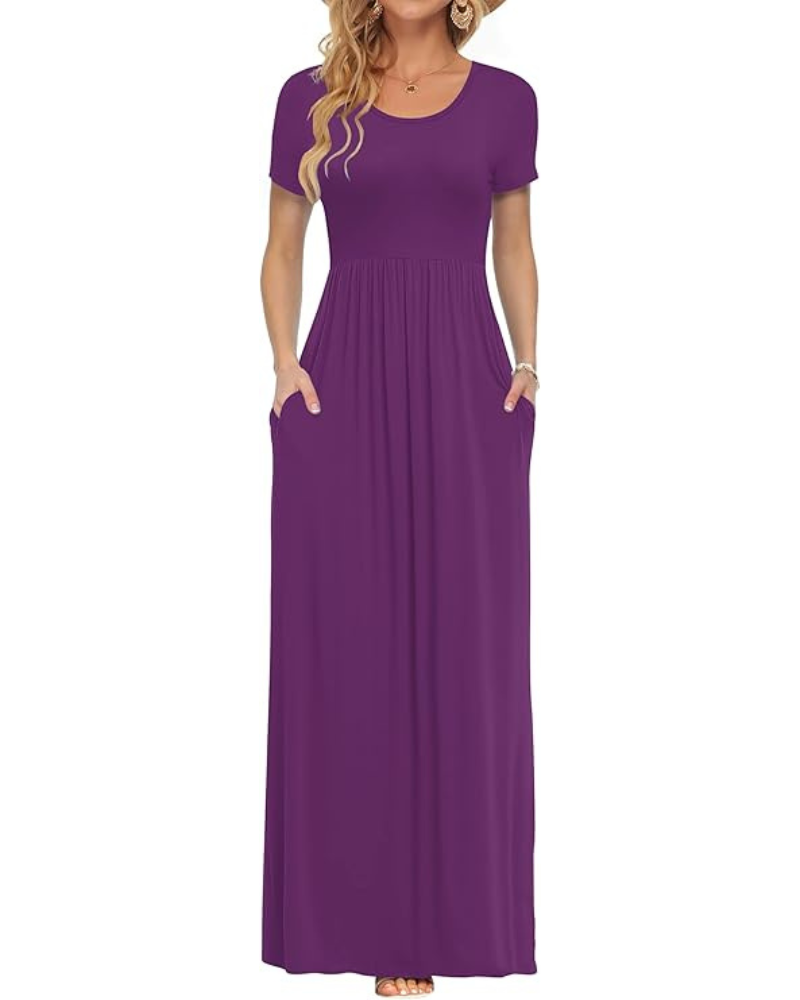 Fenna Maxi Dress for Women – Casual Long Dress with Short Sleeves, Pockets, and Elastic Waist