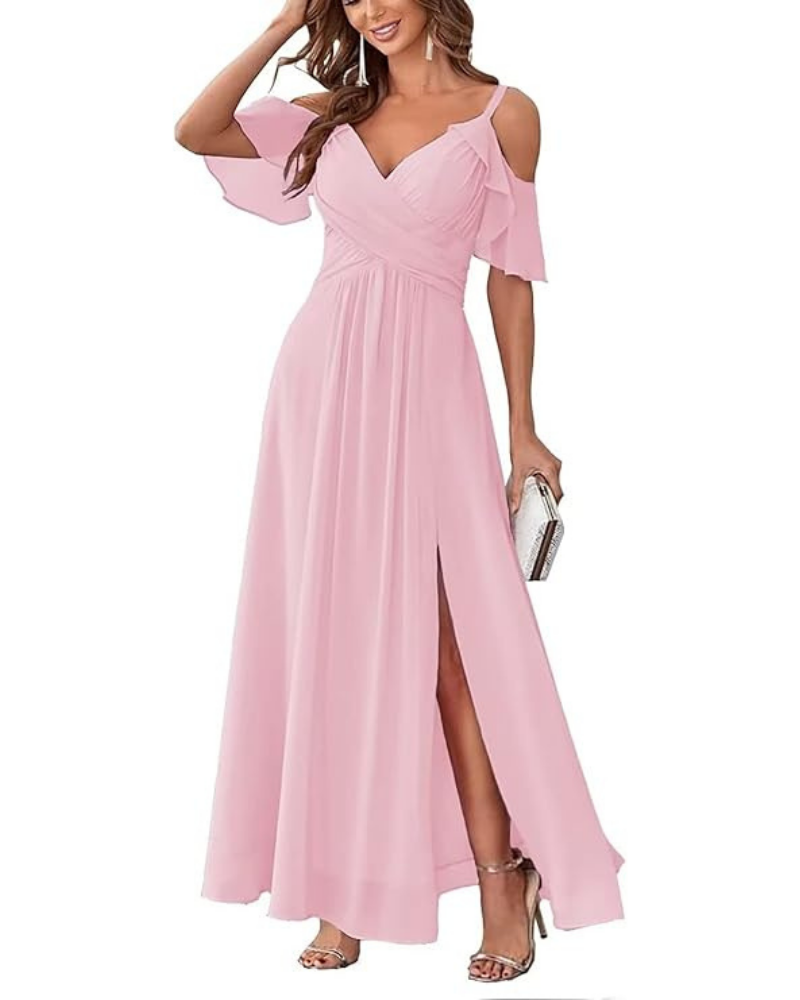 Georgia Long Women's Robe – Chiffon Off-Shoulder, V-Neck & Elegant A-Line Cut