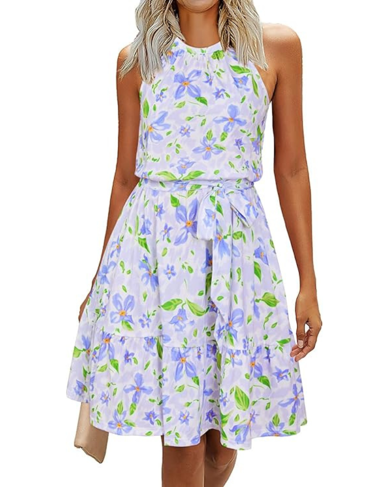 Bloom Women's Robe – Halter Neck, Floral Print & Pockets, A-Line Cut, Knee Length
