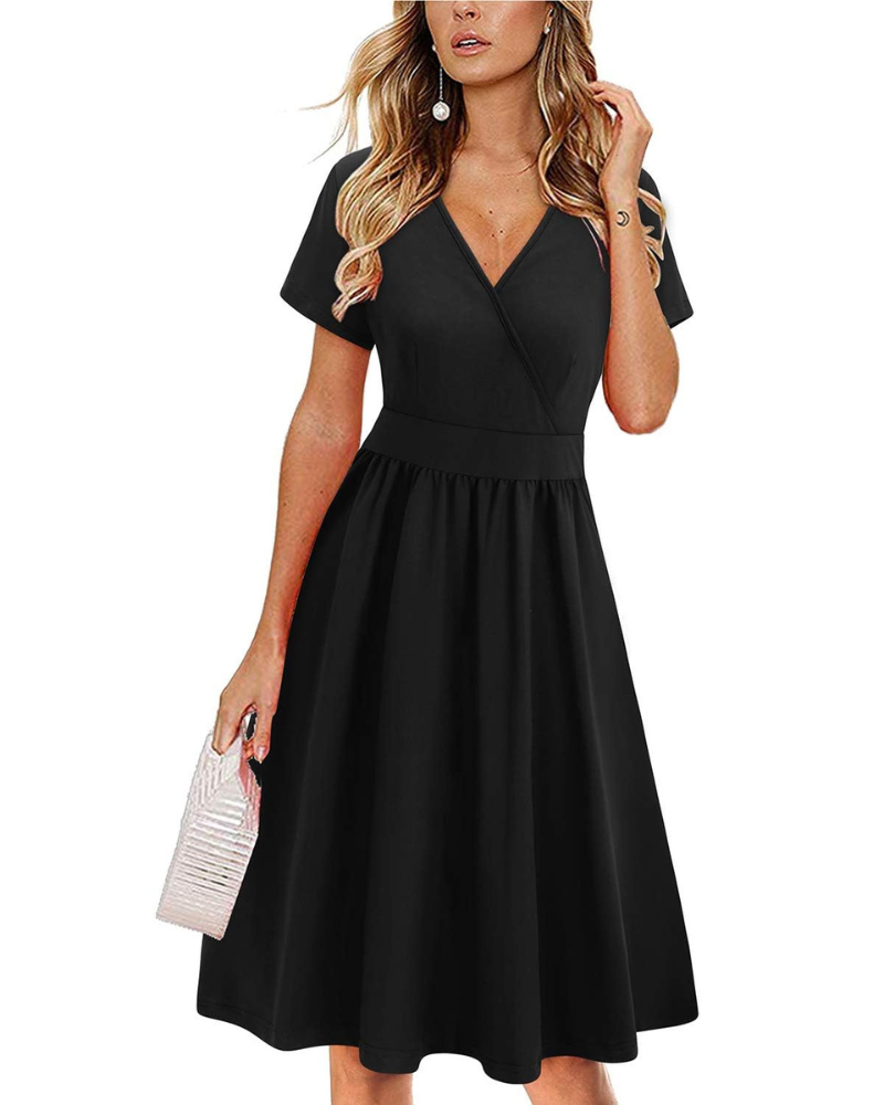 Evania Women's Robe – V-Neck Wrap, A-Line Cut & Pockets, Elegant Knee-Length