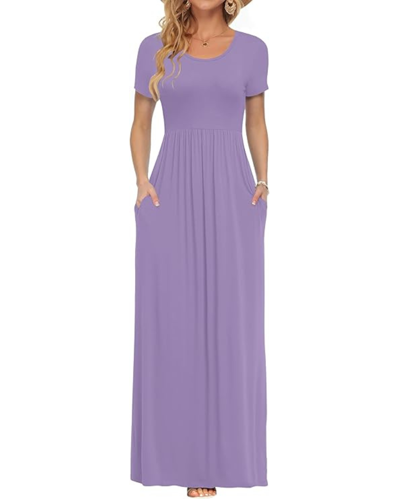 Fenna Maxi Dress for Women – Casual Long Dress with Short Sleeves, Pockets, and Elastic Waist