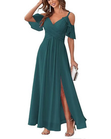 Georgia Long Women's Robe – Chiffon Off-Shoulder, V-Neck & Elegant A-Line Cut