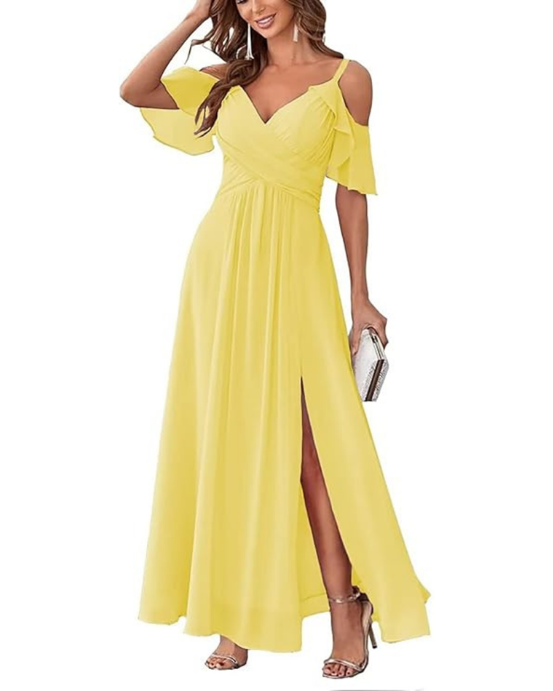 Georgia Long Women's Robe – Chiffon Off-Shoulder, V-Neck & Elegant A-Line Cut