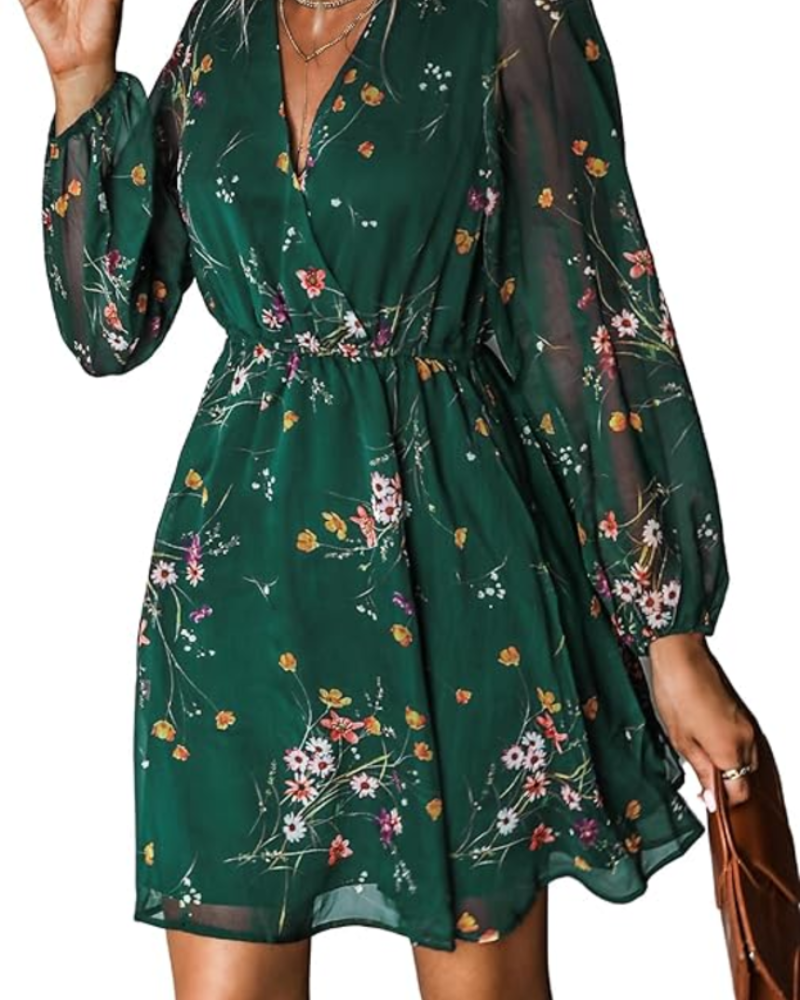 Zaya Women's Robe – Mini Wrap, V-Neck & Elegant Long Floral Print Sleeves
