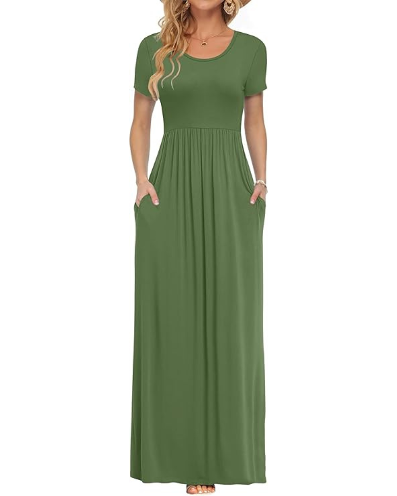 Fenna Maxi Dress for Women – Casual Long Dress with Short Sleeves, Pockets, and Elastic Waist
