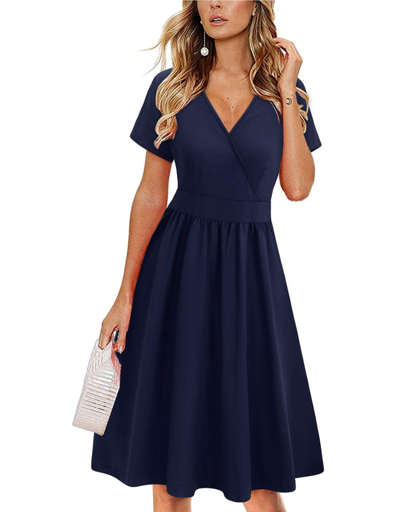 Evania Women's Robe – V-Neck Wrap, A-Line Cut & Pockets, Elegant Knee-Length