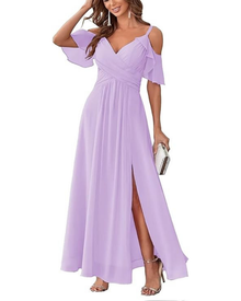 Georgia Long Women's Robe – Chiffon Off-Shoulder, V-Neck & Elegant A-Line Cut