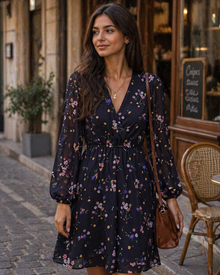 Zaya Women's Robe – Mini Wrap, V-Neck & Elegant Long Floral Print Sleeves