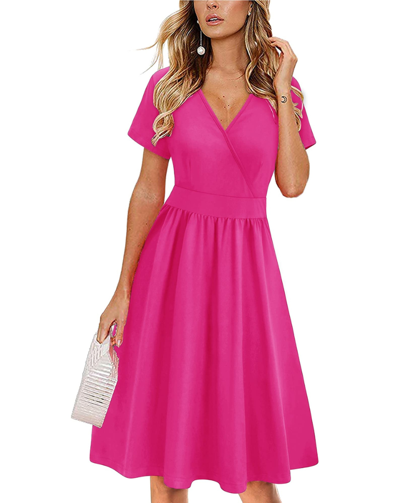 Evania Women's Robe – V-Neck Wrap, A-Line Cut & Pockets, Elegant Knee-Length