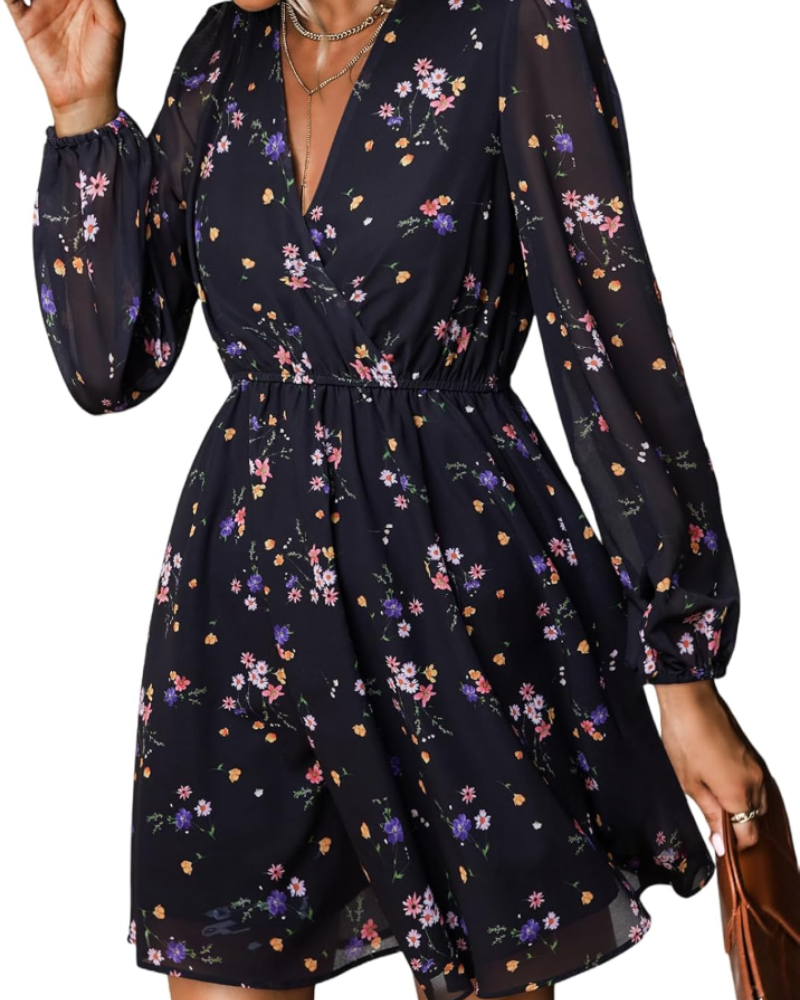 Zaya Women's Robe – Mini Wrap, V-Neck & Elegant Long Floral Print Sleeves