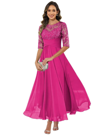 Olanthe Women's Evening Dress – Lace & Chiffon, 3/4 Sleeves & Elegant A-Line Cut