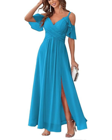 Georgia Long Women's Robe – Chiffon Off-Shoulder, V-Neck & Elegant A-Line Cut