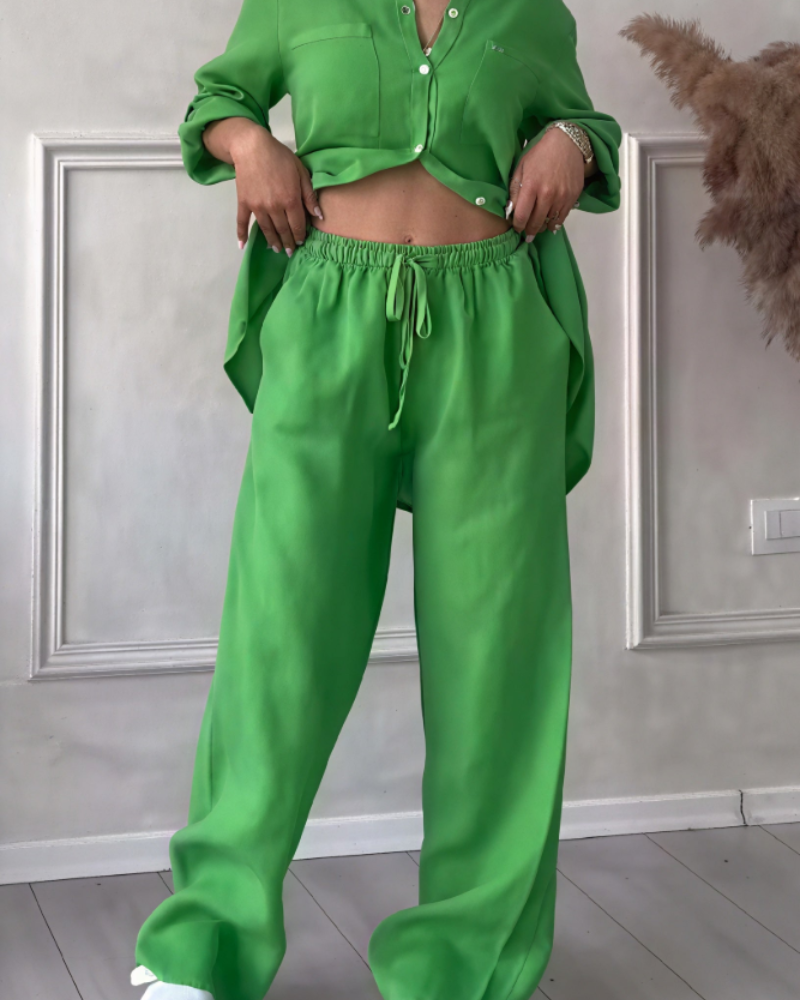 Léonsia Women's Set – 2-Piece Shirt & Wide Pants, Casual Chic Style