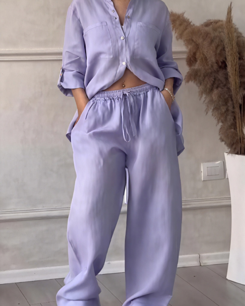 Léonsia Women's Set – 2-Piece Shirt & Wide Pants, Casual Chic Style