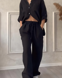 Léonsia Women's Set – 2-Piece Shirt & Wide Pants, Casual Chic Style