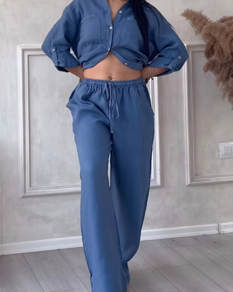 Léonsia Women's Set – 2-Piece Shirt & Wide Pants, Casual Chic Style