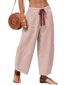 Eshie Women's Pants – Wide Striped Capri with Elastic Waist, Drawstring & Pockets