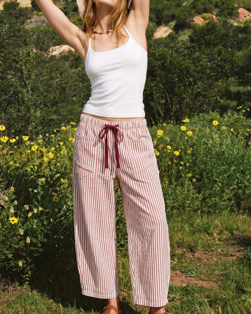 Eshie Women's Pants – Wide Striped Capri with Elastic Waist, Drawstring & Pockets