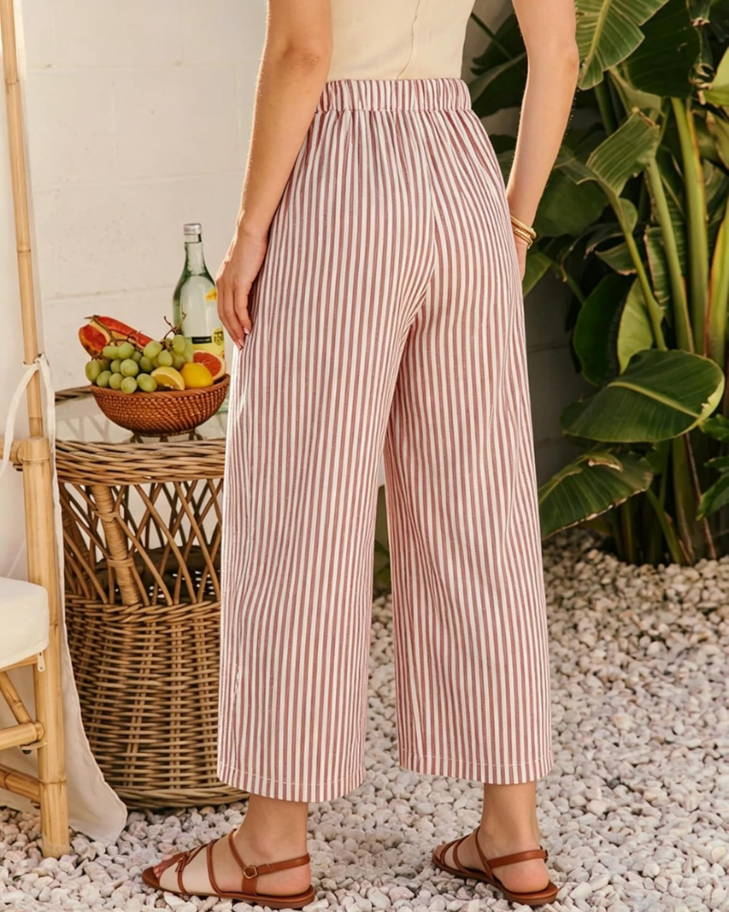 Eshie Women's Pants – Wide Striped Capri with Elastic Waist, Drawstring & Pockets