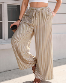 Kleah Women's Pants – Wide Striped/Gingham Linen Palazzo with Elastic Waistband