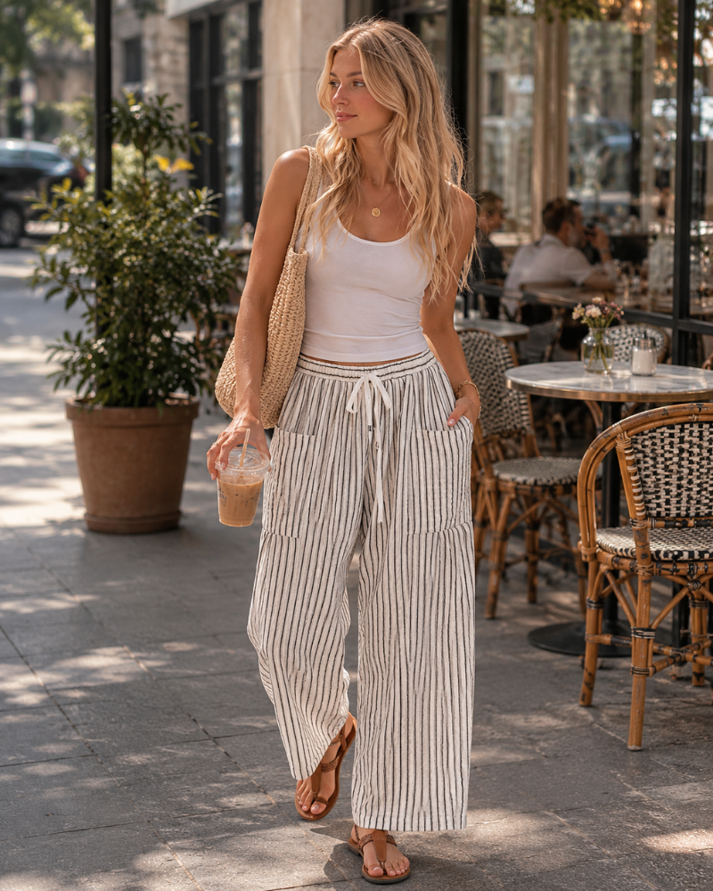 Tina Women's Pants – Wide-Leg Linen Palazzo, Oversized, Drawstring Waist & Pockets